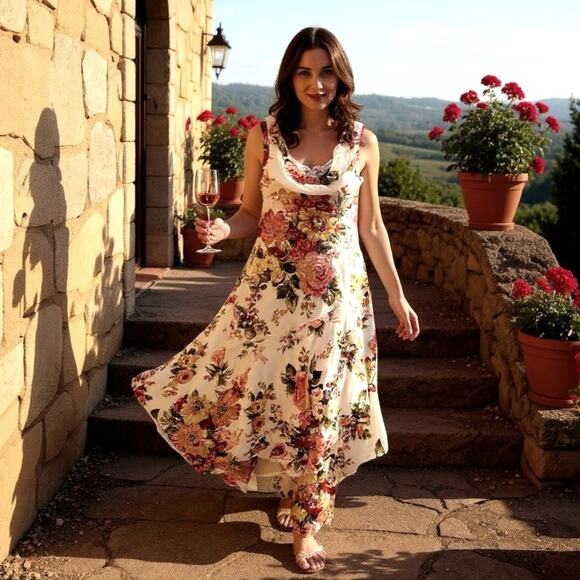 VTG Y2K Asymmetrical Floral Beaded Slip Midi Dress Cowl Lace Cottagecore Fairy M - Picture 2 of 9